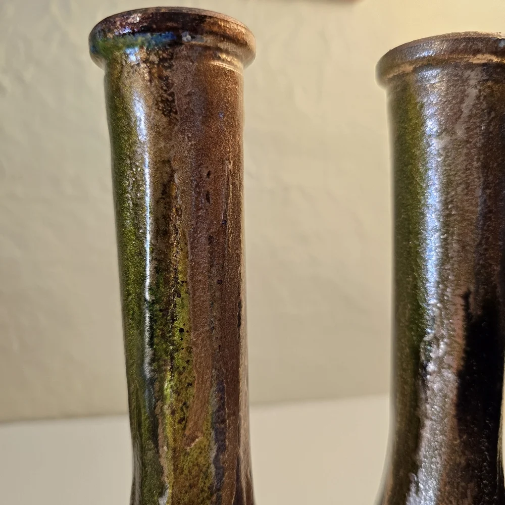2 HANDCRAFTED Upcycled Glass Vases Brown & Copper HANDPAINTED Tabletop Art Decor